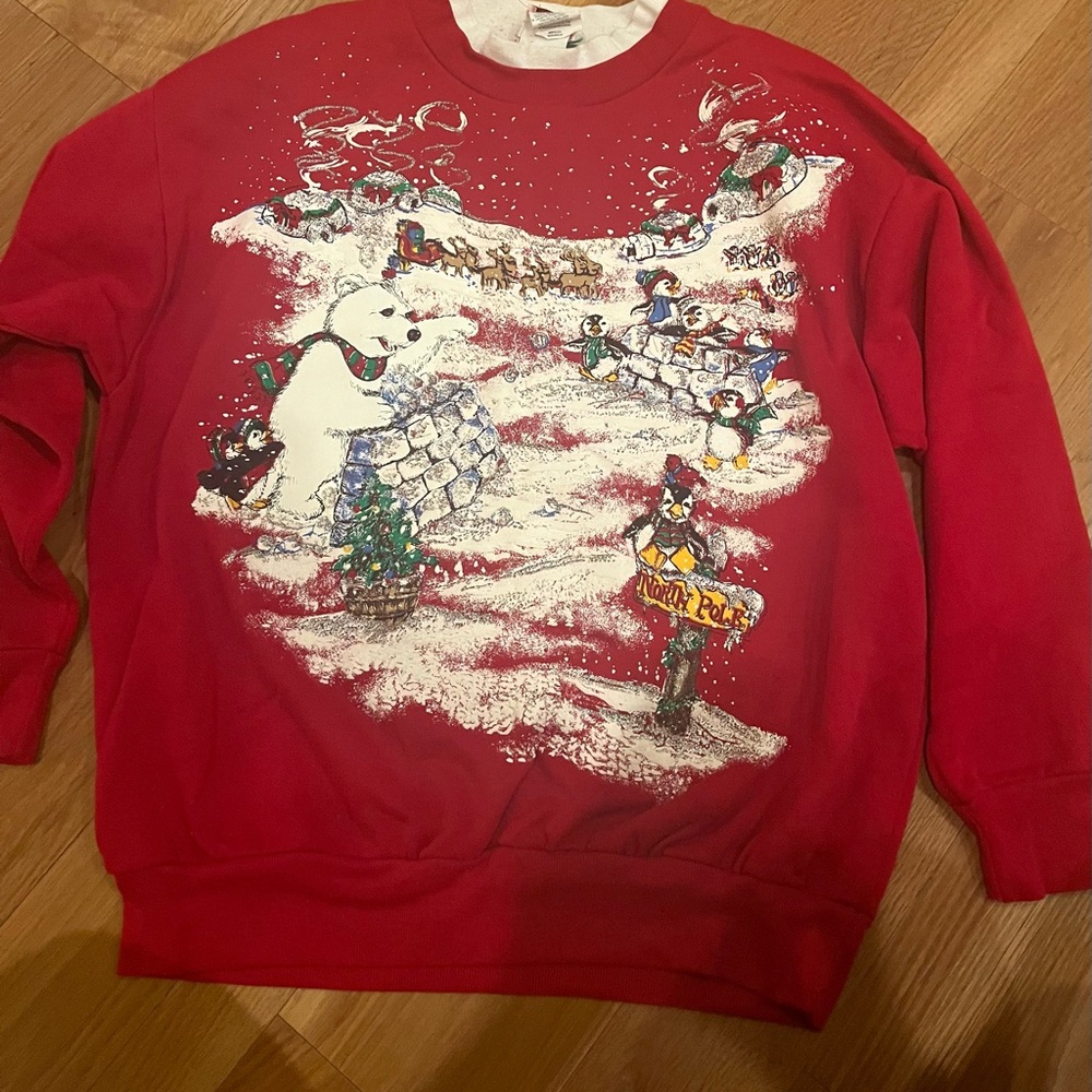 Vintage Festive RedHoliday Sweatshirt puffypaint polar bears penguin #grannycore